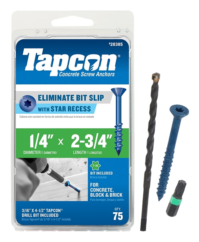 Tapcon Concrete Screw Anchor, T30 Screw, 1/4 in Dia, 2-3/4 in L, Steel, Climaseal, 75/PK 28385