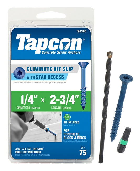 Tapcon Concrete Screw Anchor, T30 Screw, 1/4 in Dia, 2-3/4 in L, Steel, Climaseal, 75/PK 28385